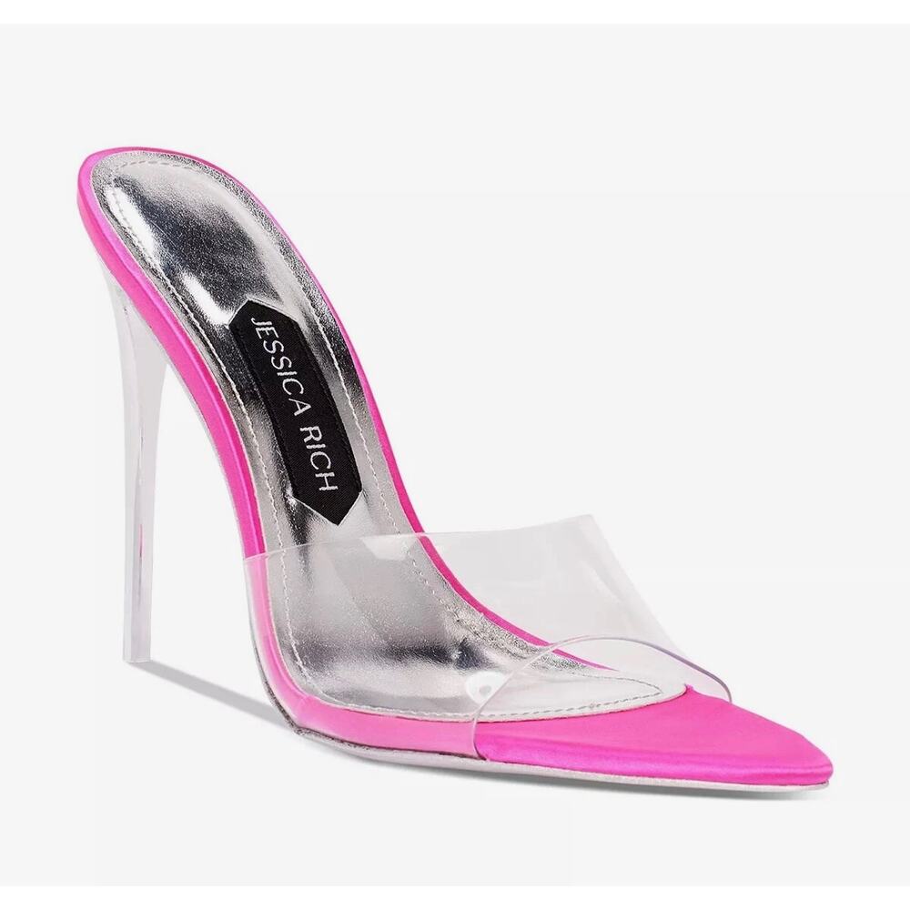 Jessica Rich Racy Hot Pink Satin Mules Size 38 NWOB PVC Strap 5" Stiletto Heel